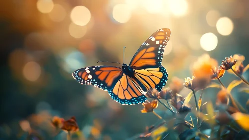 Monarch butterfly glows over sunlit wildflower meadow.