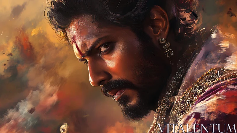 Stormlit warrior prince narrows his gaze through painted fire