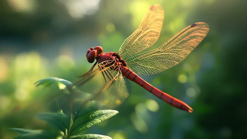 Scarlet dragonfly in luminous backlit garden macro study.