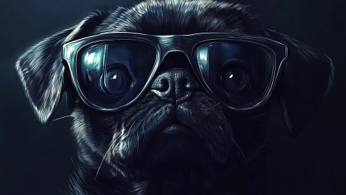 Cool pug in oversized glasses with moody glowing highlights.
