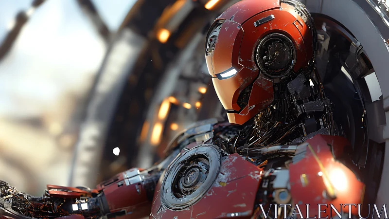 Battle-scarred red mech awakens within a glowing tech forge