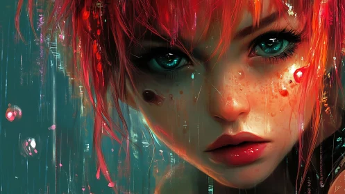 Chromatic close-up of neon-illuminated synthetic portraiture.