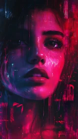 Neon-drenched cyber portrait of pensive woman in glitch haze.