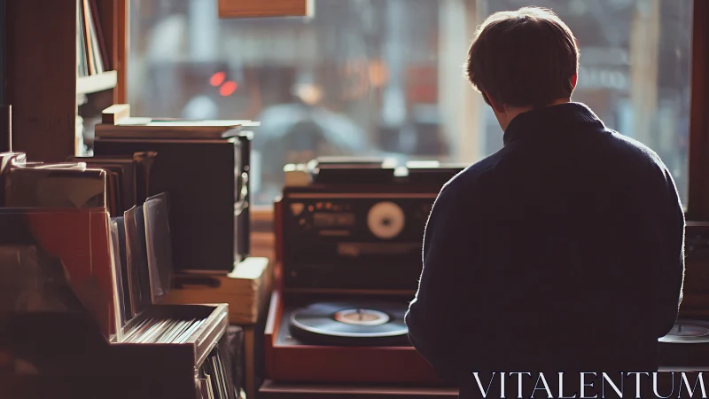 Warm afternoon moment as a music lover spins a vinyl record