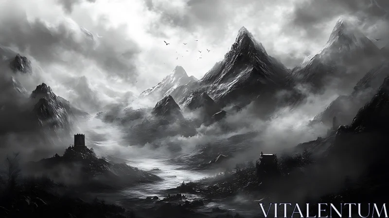 Monochrome alpine fortress valley rendered in cinematic digital detail