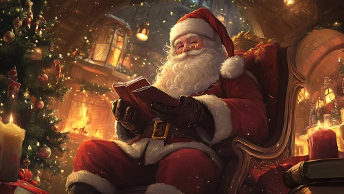 Santa Claus reads a book beside a lit fireplace and tree