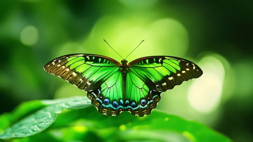Green butterfly on leaf against defocused foliage background.