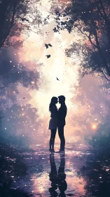 Silhouetted couple beneath forest canopy with birds in flight.