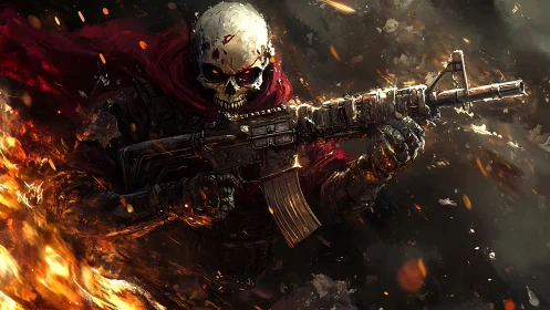 Bone-faced war wraith storms through molten battlefield flame.