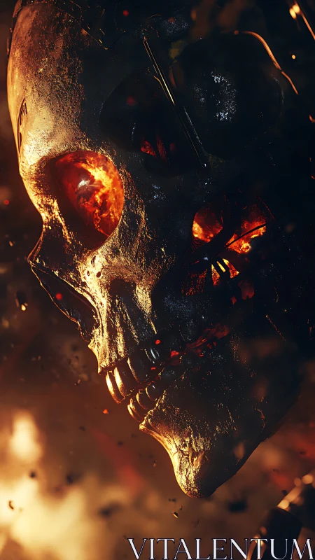 Burning metallic skull closeup with molten fiery eye sockets.