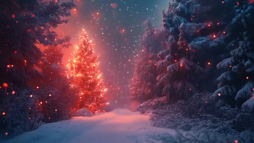 Snow-covered forest path shows glowing red lit Christmas tree