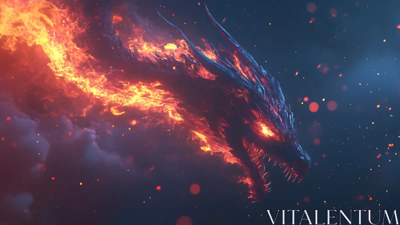 Volumetric fire dragon head with emissive lava scales in flight