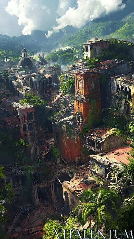 Sunlit jungle reclaiming a crumbling hilltop city ruin.