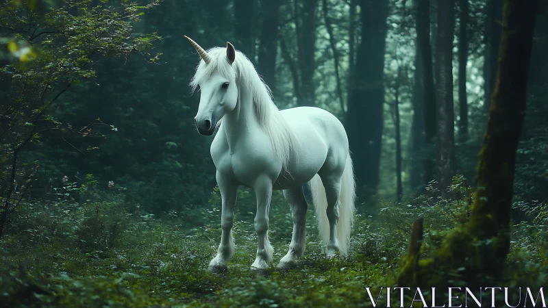 Photorealistic white unicorn standing in misty temperate forest