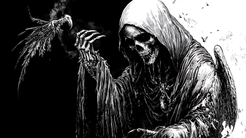 Grim reaper commands a spectral raven in stark monochrome