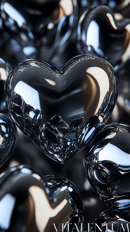 Glossy Black Glass Hearts Illuminated With Reflective Shine.