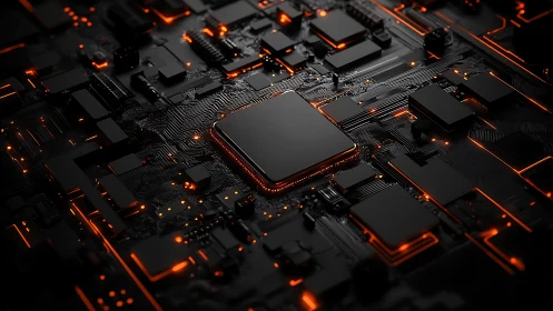 Glowing circuit board city with a calm digital heartbeat.