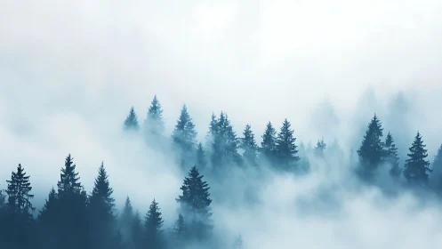 Misty Forest Landscape with Layered Pine Trees.