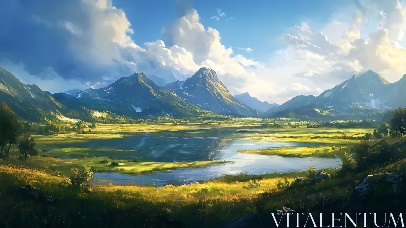 Sunlit alpine valley lake under towering blue mountains.