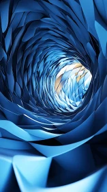 Spiraling blue vortex with layered metallic ribbons and light.