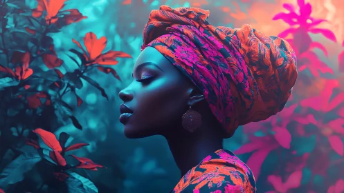 Vibrant profile portrait in neon tropical foliage glow.