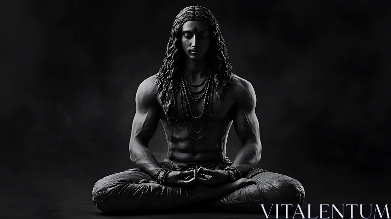 Monochrome statue of muscular male figure in deep meditation.