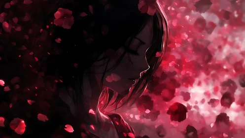 Solitary anime girl embraces quiet sorrow in red petals