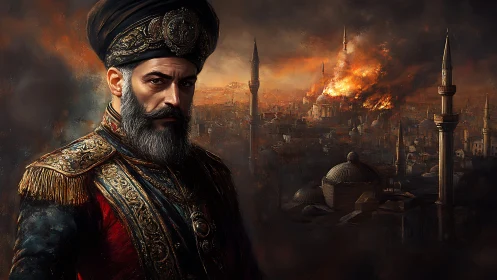 Solemn sultan watches his burning city under dusk skies.