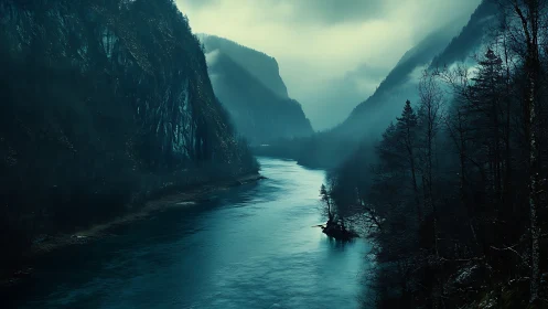 Misty mountain river cuts through dark winter gorge at dusk