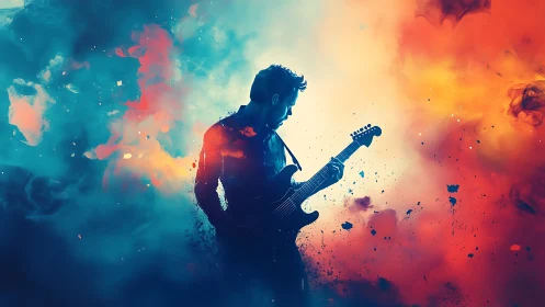 Guitarist silhouette stands against vivid blue and orange clouds