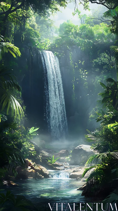 Sunlit jungle waterfall and clear turquoise forest pool.