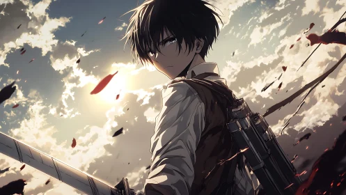 Sword-armed anime youth before backlit sky with debris.