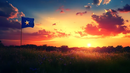 Lone star banner greeting a blazing wildflower sunset sky.