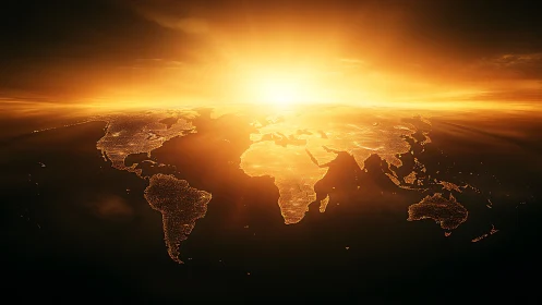 Sunrise pours molten gold across a glowing digital Earth