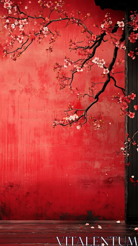 Cherry blossom branches stretch across textured red wall