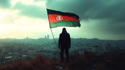 Solitary figure raises dramatic flag above brooding cityscape