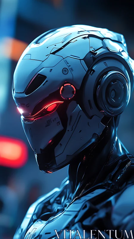 Futuristic combat android with alloy armor and red optics.