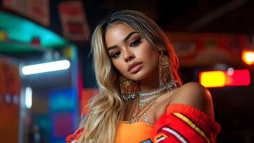 Glamorous woman poses under neon city lights at night