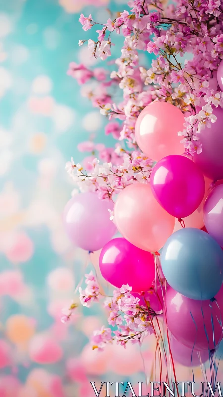 Pink balloons arranged with flowering branches against blurred turquoise background.