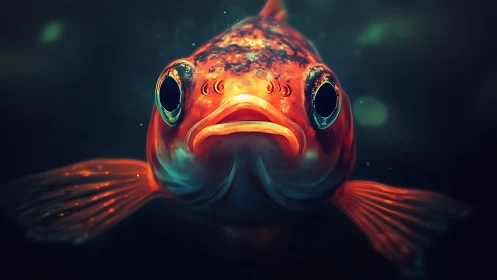 Glowing orange fish floats in moody deep-sea neon haze