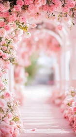 Pink floral archway creates soft, blurred depth in interior space