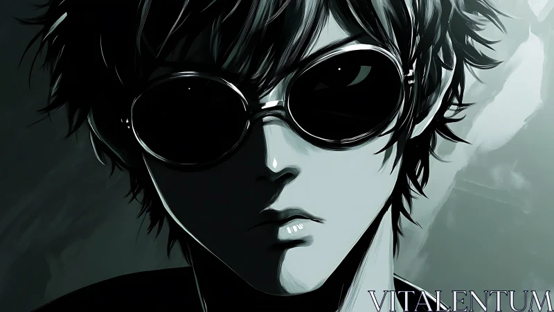 Shadowlit rebel in mirrored shades and inky monochrome cool.