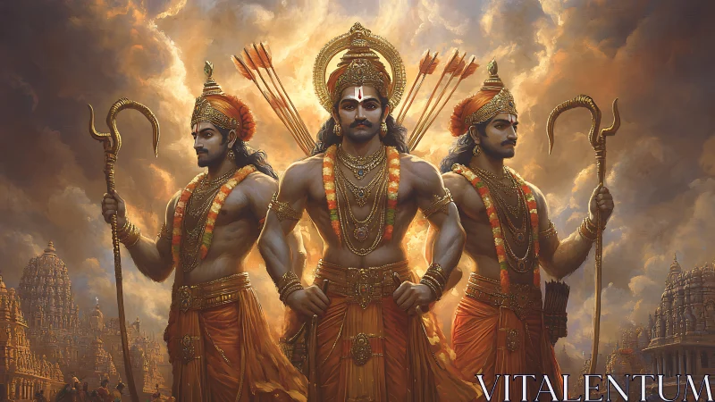 Epic warrior triad dominates stormlit temple skyline.