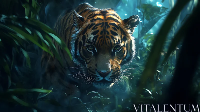Tiger moves through dense rainforest foliage in dim light