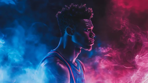 Basketball player profile in dual colored smoke environment.