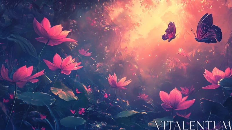 Glowing garden of pink blossoms and fluttering butterflies.