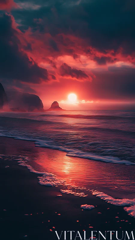 Digital painting seascape with crimson sunset reflections.