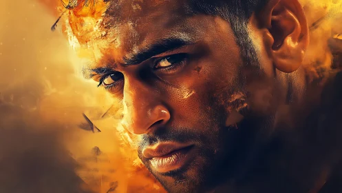 Intense male portrait in blazing orange cinematic smoke field.