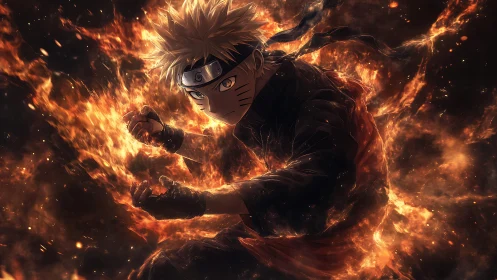 Blazing ninja silhouette carves a spiral through molten dusk