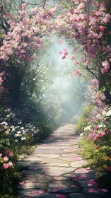 Stone garden path curves through dense blooming flowers